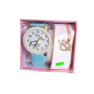 Reloj para dama color celeste con collar y caja de regalo