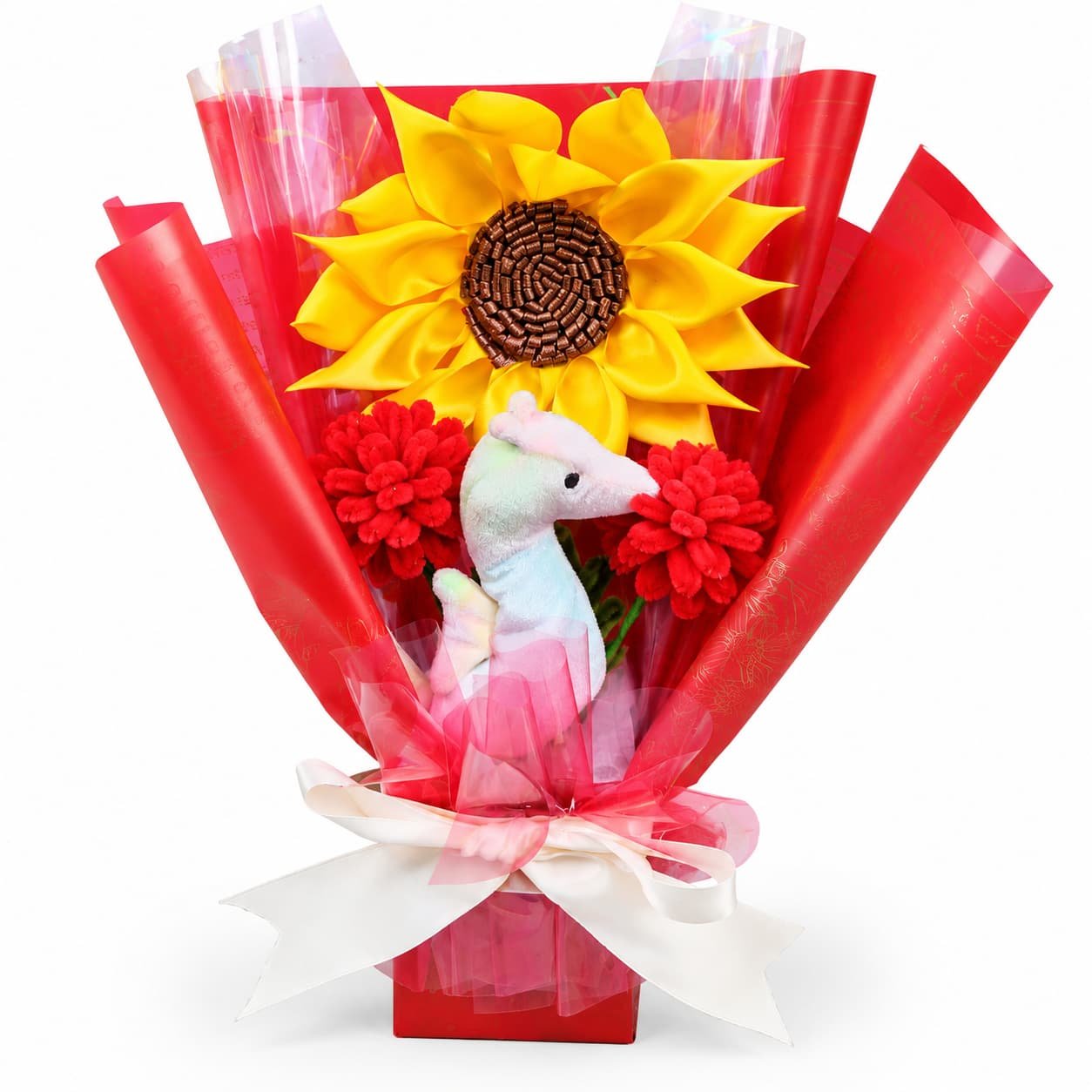 Bouquet Rojo con Girasol y Caballito de Mar