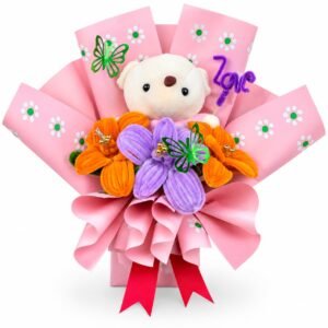 Bouquet Rosado con Osito y Flores Tejidas