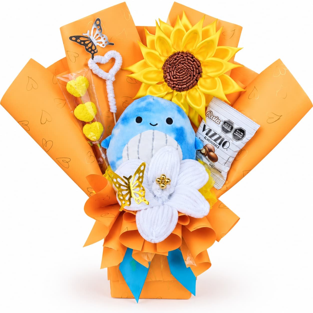 Bouquet Naranja con Tiburón, Girasol y Chocolate