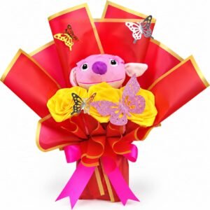 Bouquet Rojo con Peluche Rosado y Flores Amarillas